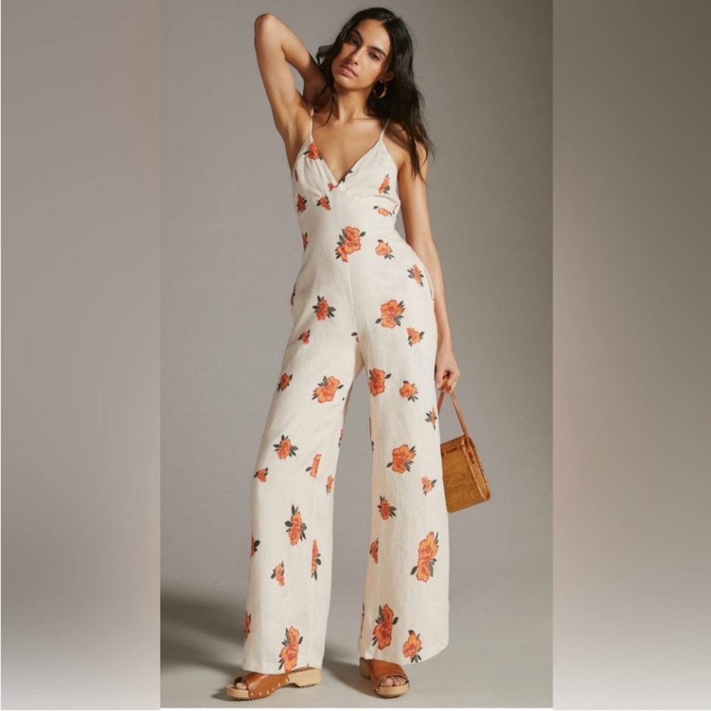 Anthropologie Sancia Augustin Linen Floral Jumpsuit Size Medium